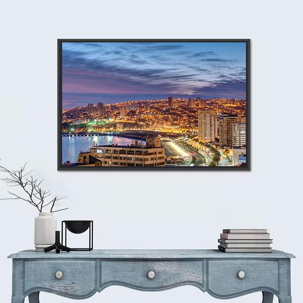 The Bay Of Valparaiso In Chile At Dusk Canvas Wall Art-3 Horizontal-Gallery Wrap-25" x 16"-Tiaracle