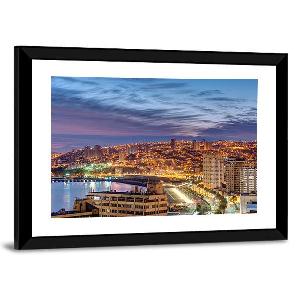 The Bay Of Valparaiso In Chile At Dusk Canvas Wall Art-3 Horizontal-Gallery Wrap-25" x 16"-Tiaracle