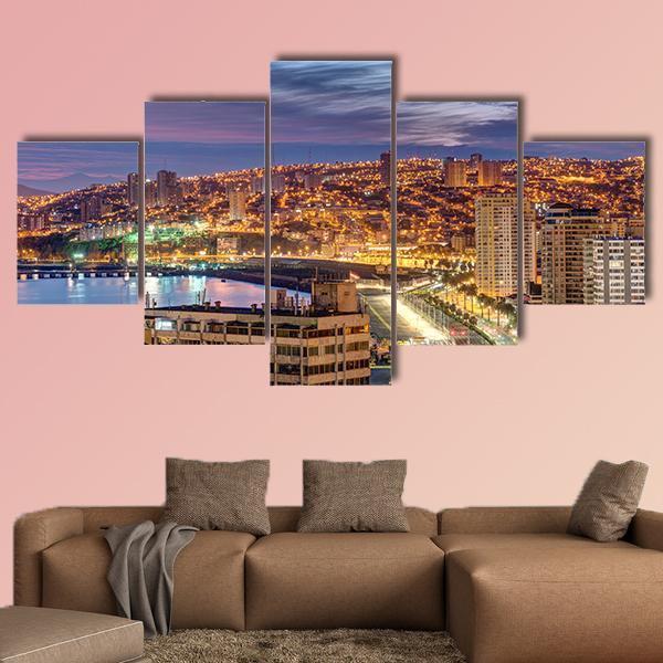 The Bay Of Valparaiso In Chile At Dusk Canvas Wall Art-5 Star-Gallery Wrap-62" x 32"-Tiaracle