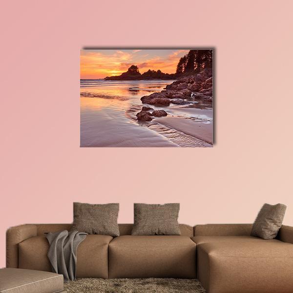 Cox Bay Beach at Sunset Canvas Wall Art in brown, orange and pink, single panel hung on a wall