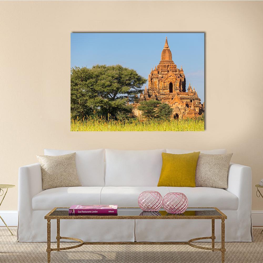 Tayok Pye Temple, Bagan Canvas Wall Art in brown, green and blue, single panel hung on a wall