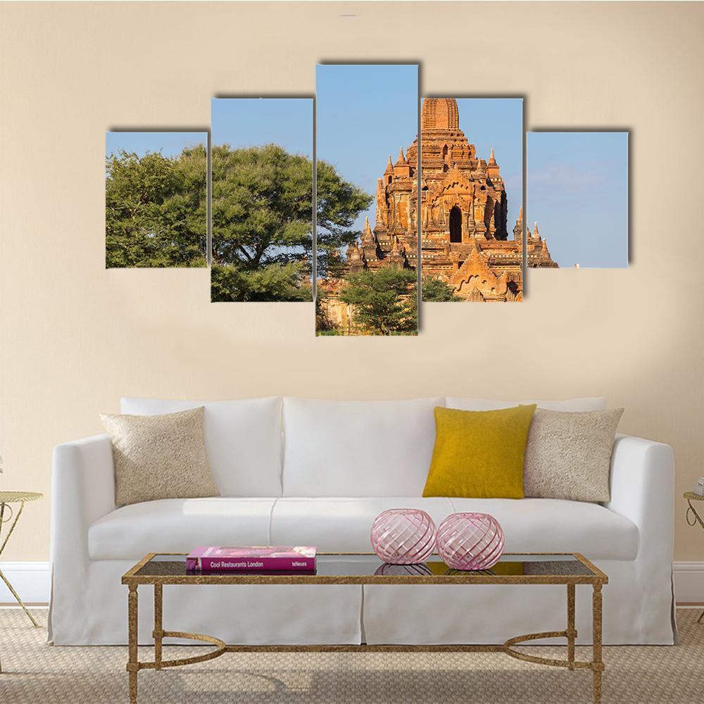 Tayok Pye Temple, Bagan Canvas Wall Art in brown, green and blue, 5 panel Star layout hung on a wall