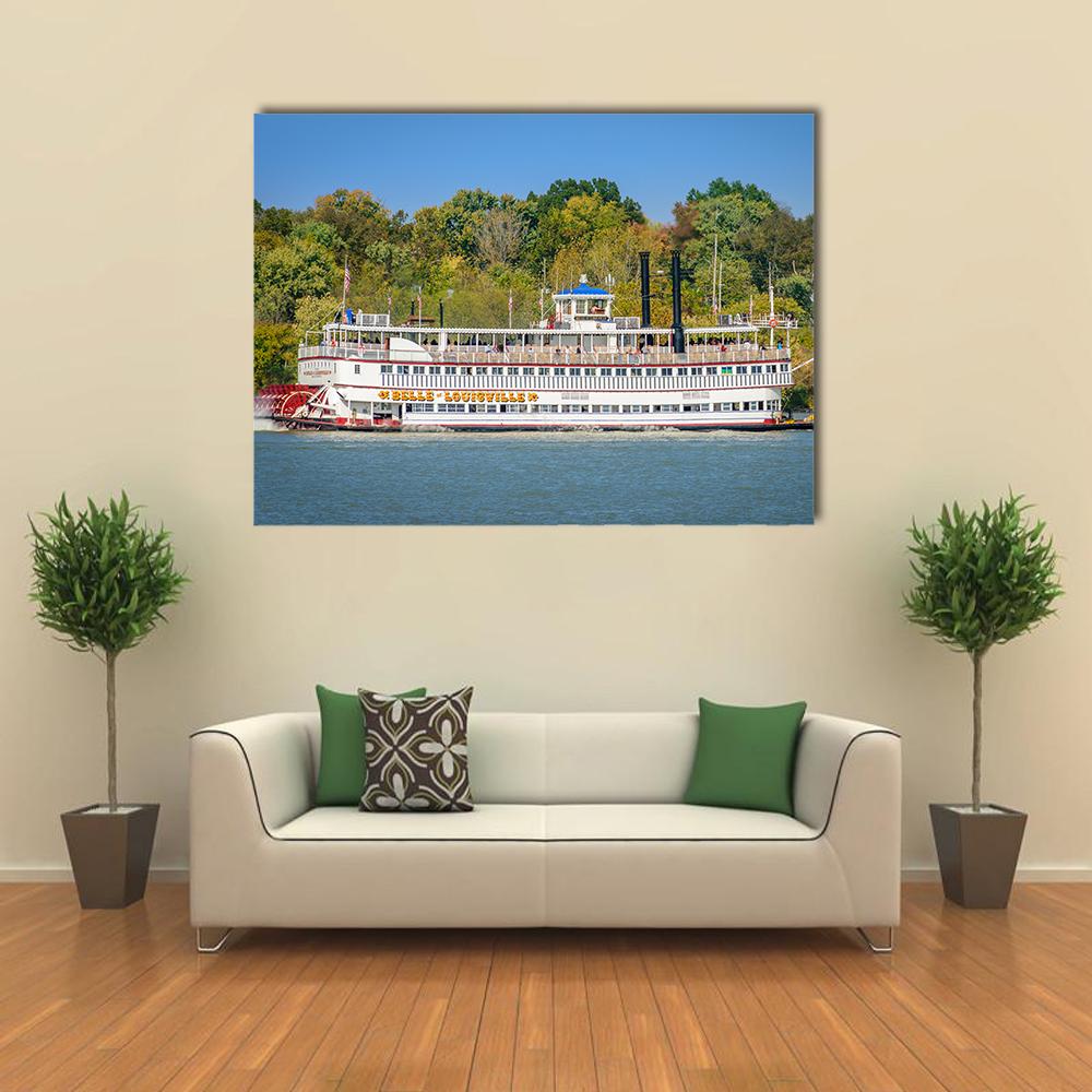 Belle of Louisville Paddle Wheeler Canvas Wall Art in white, green and blue, single panel hung on a wall