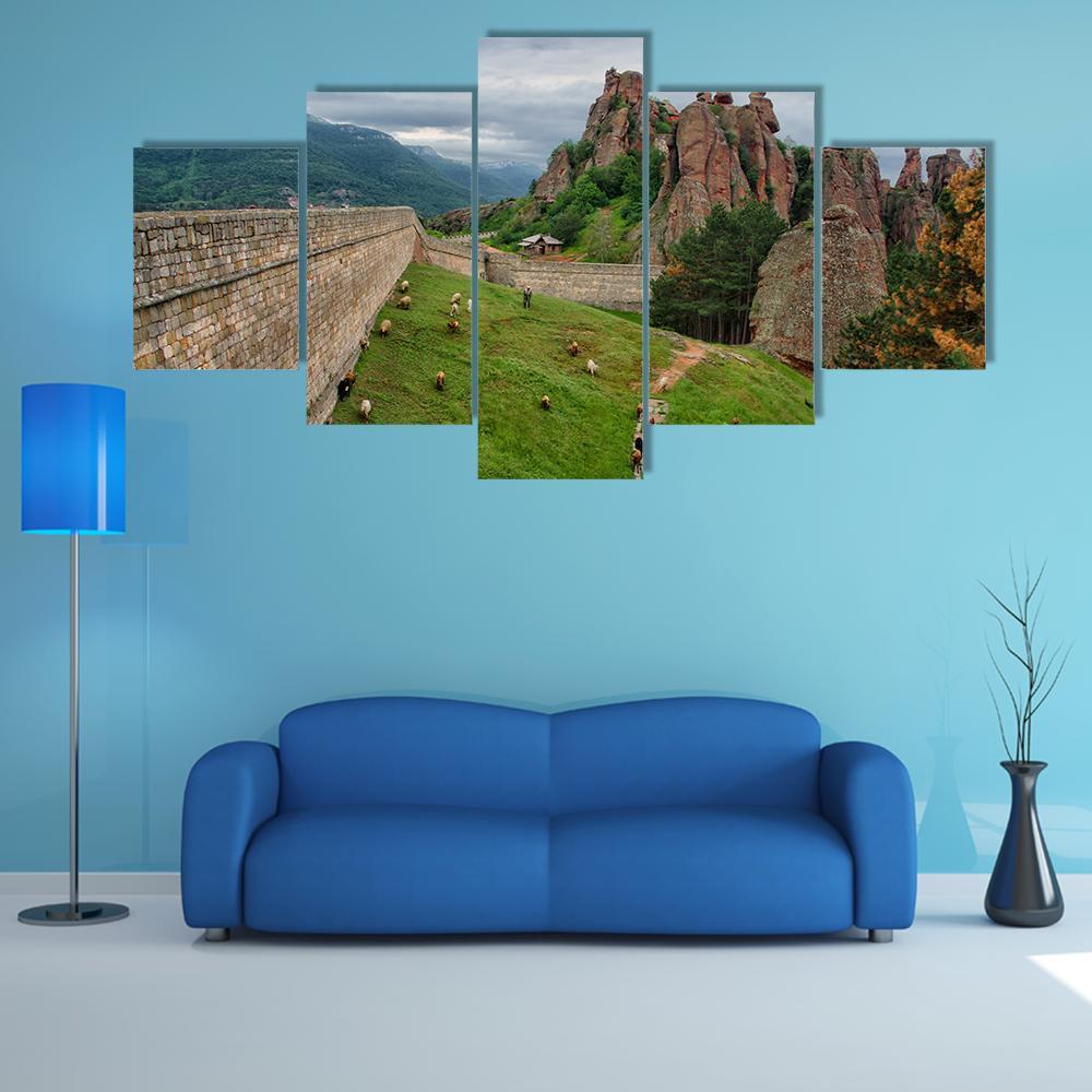 Belogradchik Rock Formations with Sheep Canvas Wall Art in gray, brown and green, 5 panel Star layout hung on a wall