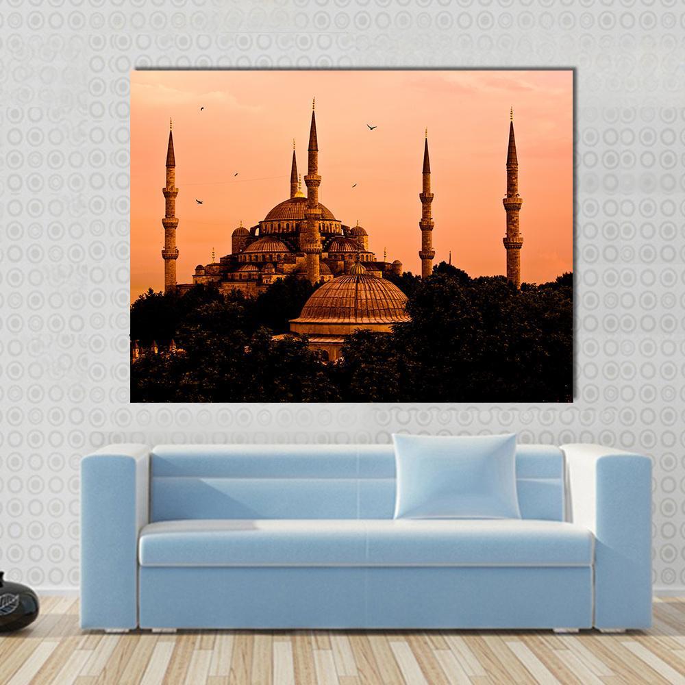 Blue Mosque in Istanbul Canvas Wall Art in black, brown and orange, single panel hung on a wall