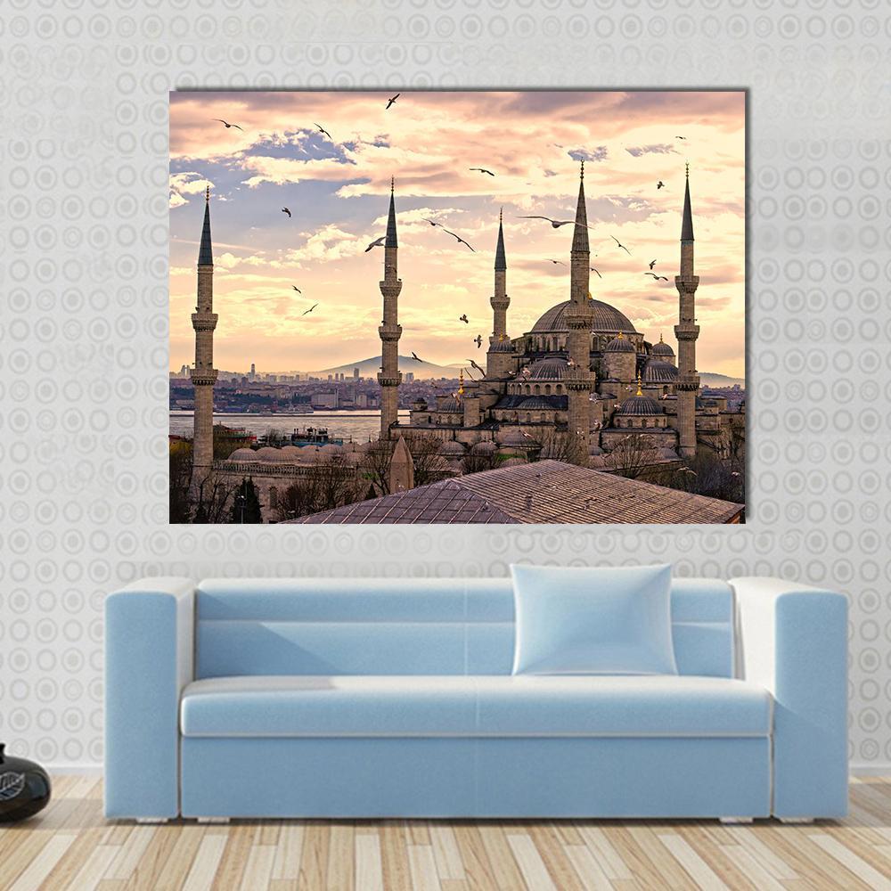 The Blue Mosque in Istanbul Canvas Wall Art in gray, beige and blue, single panel hung on a wall