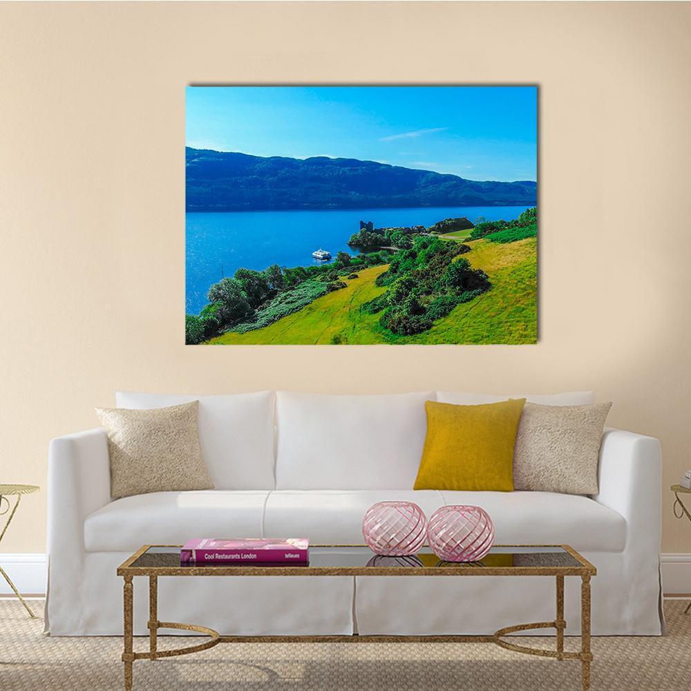 Blue Water of Loch Ness Canvas Wall Art in green and blue, single panel hung on a wall