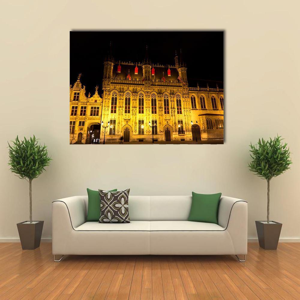 Burg Square in Bruges at Night Canvas Wall Art in black, gold and yellow, single panel hung on a wall