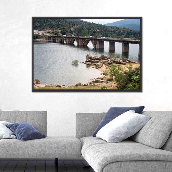 The Burguillo Reservoir Bridge Canvas Wall Art-1 Piece-Floating Frame-36" x 24"-Tiaracle