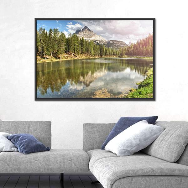 The Calm Blue Lake With Mountains Canvas Wall Art-1 Piece-Floating Frame-24" x 16"-Tiaracle