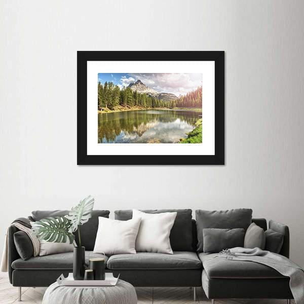 The Calm Blue Lake With Mountains Canvas Wall Art-1 Piece-Framed Print-20" x 16"-Tiaracle