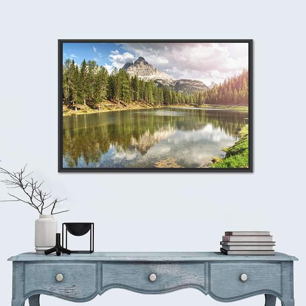 The Calm Blue Lake With Mountains Canvas Wall Art-3 Horizontal-Gallery Wrap-25" x 16"-Tiaracle