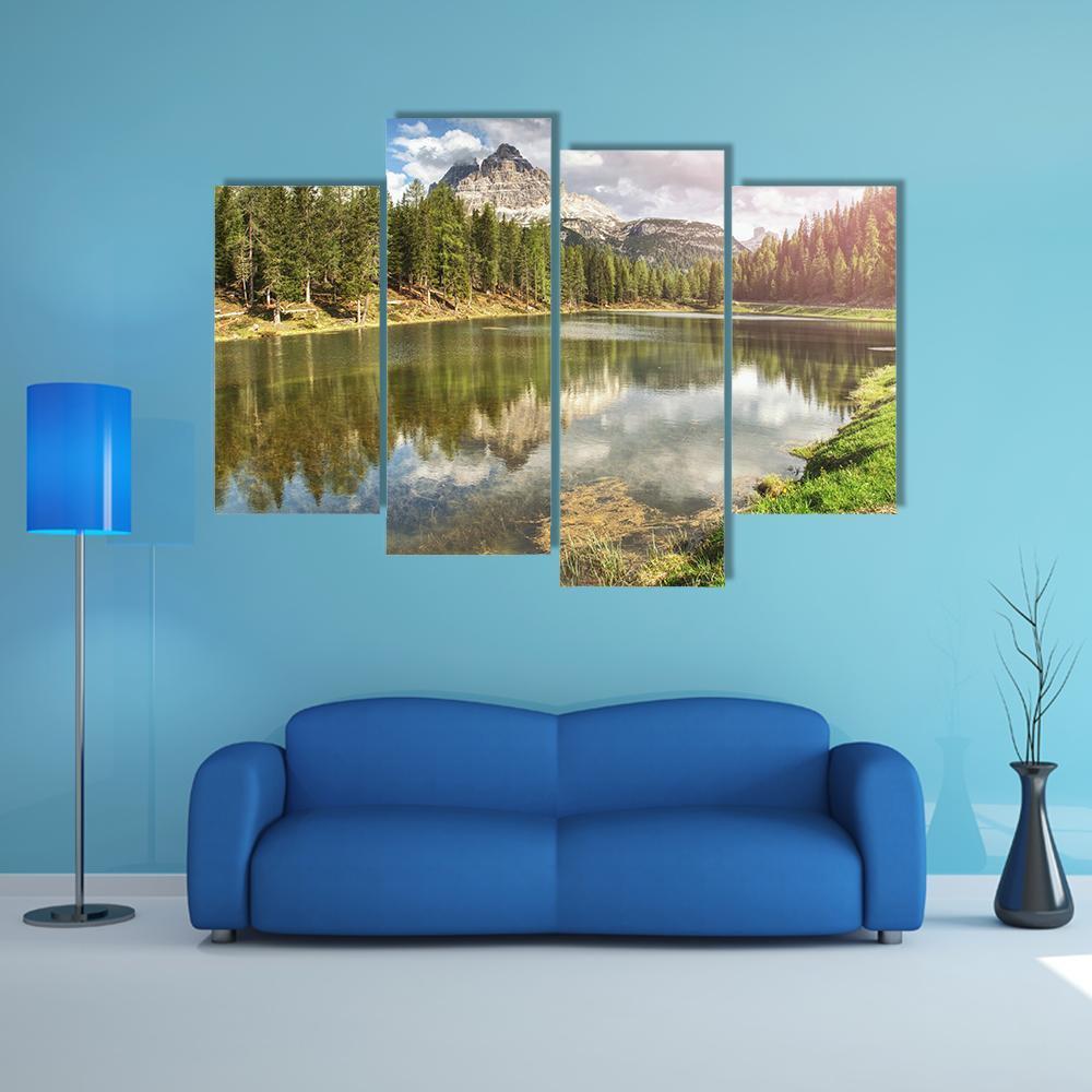 The Calm Blue Lake With Mountains Canvas Wall Art-4 Pop-Gallery Wrap-50" x 32"-Tiaracle