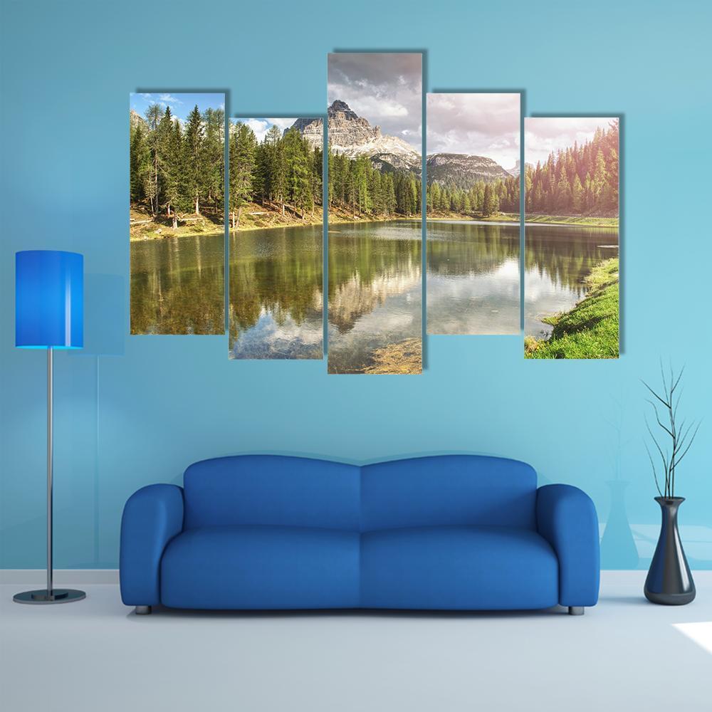 The Calm Blue Lake With Mountains Canvas Wall Art-5 Pop-Gallery Wrap-47" x 32"-Tiaracle