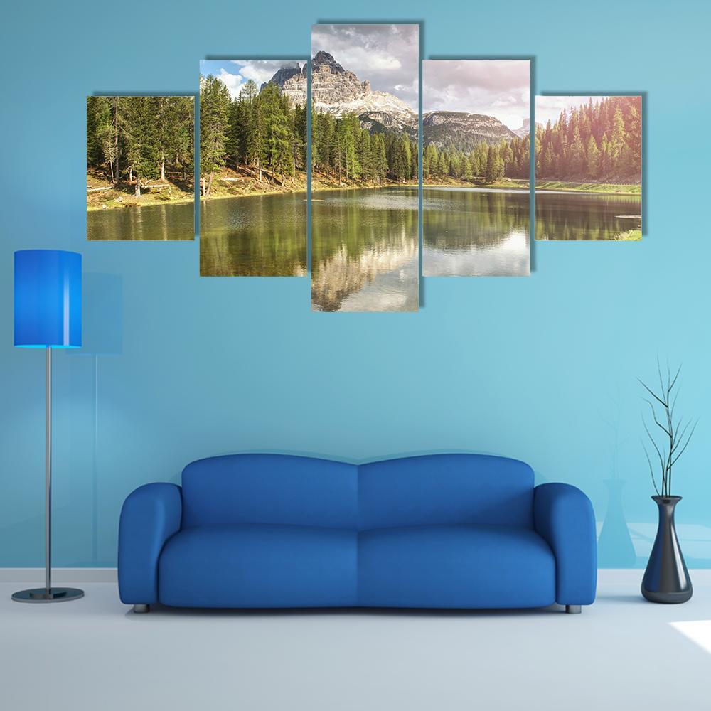 The Calm Blue Lake With Mountains Canvas Wall Art-5 Star-Gallery Wrap-62" x 32"-Tiaracle