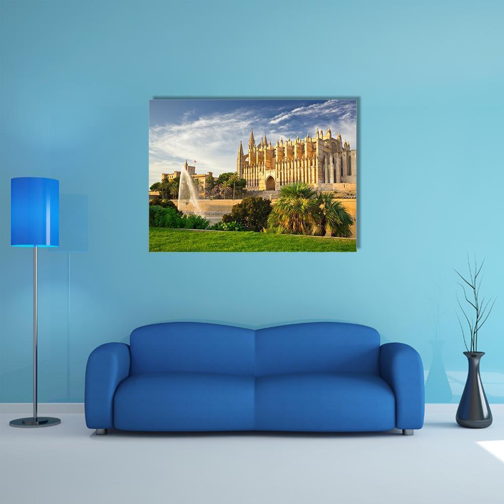 Palma Cathedral, Spain Canvas Wall Art in gold, green and blue, single panel hung on a wall