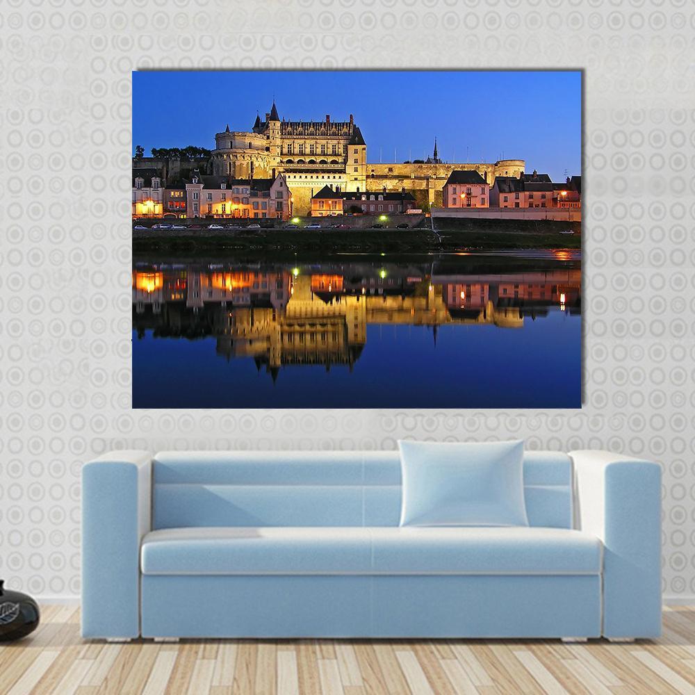 Chateau of Amboise Reflection Canvas Wall Art in gold, yellow and blue, single panel hung on a wall