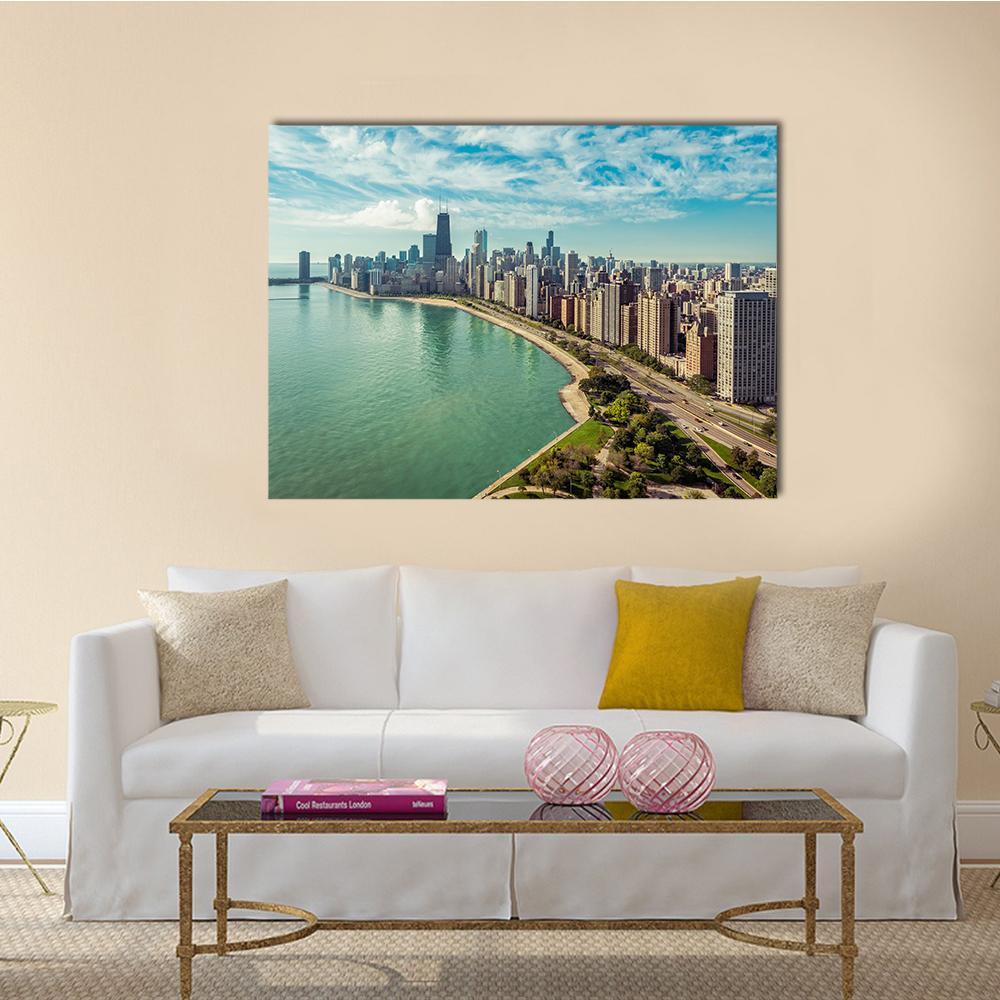 Chicago Skyline Over Lake Michigan Canvas Wall Art in green and blue, single panel hung on a wall