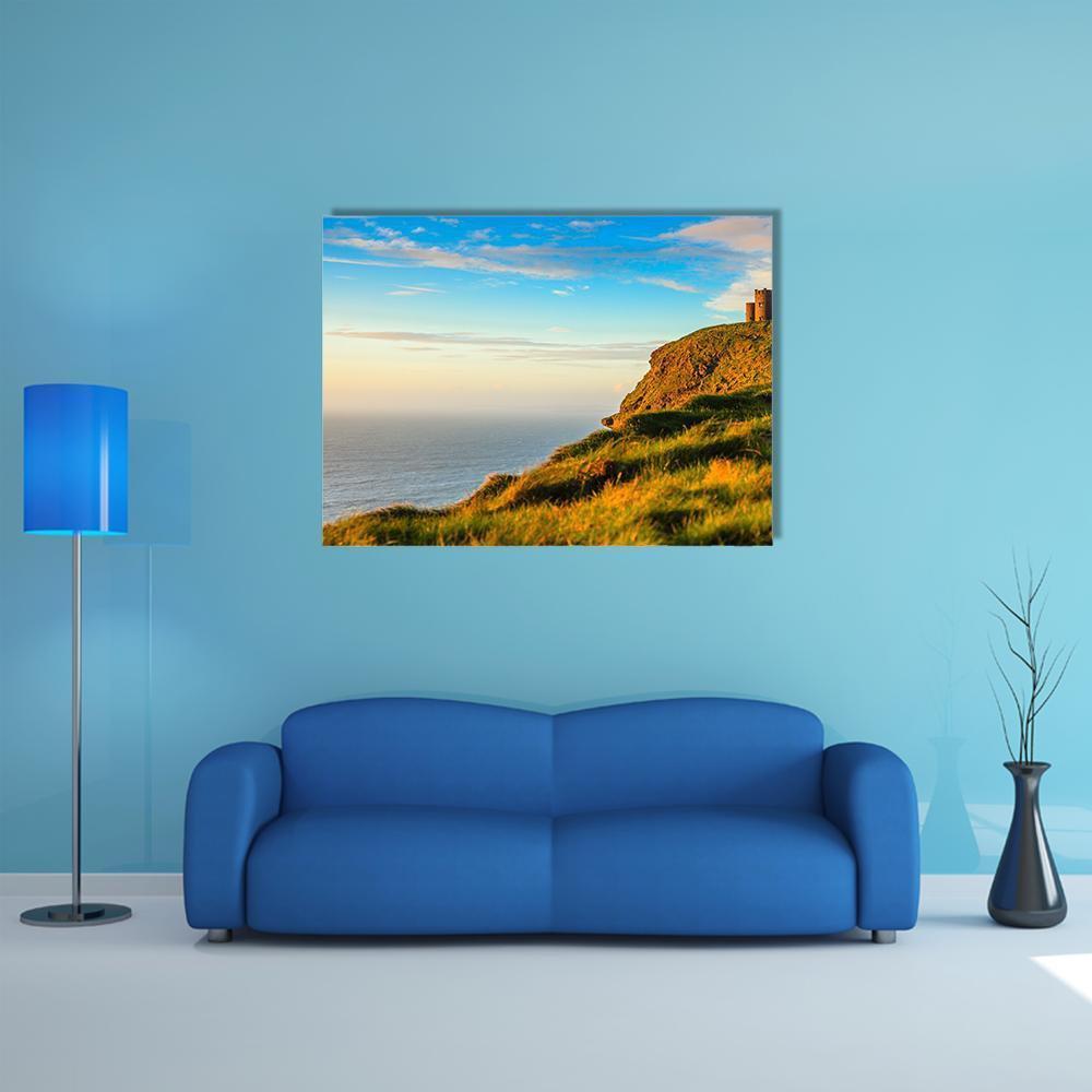 Cliffs of Moher at Sunset Canvas Wall Art in yellow, green and blue, single panel hung on a wall