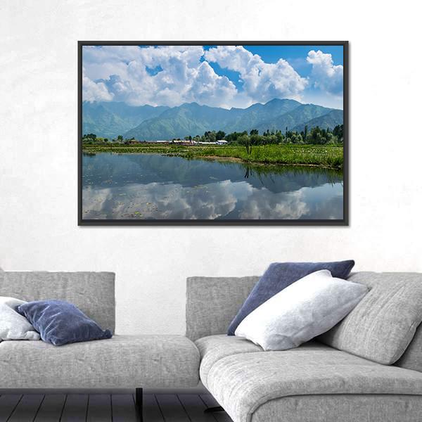 Dal Lake Reflections with Mountains Canvas Wall Art in white, green and blue, framed canvas, product view on a white background