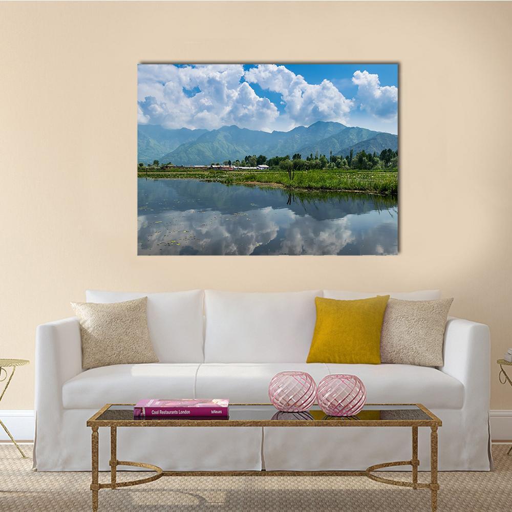 Dal Lake Reflections with Mountains Canvas Wall Art in white, green and blue, single panel hung on a wall