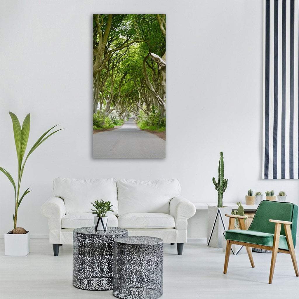 Archway of Trees Over Paved Road Vertical Canvas Wall Art in gray and green, single vertical panel hung on a wall
