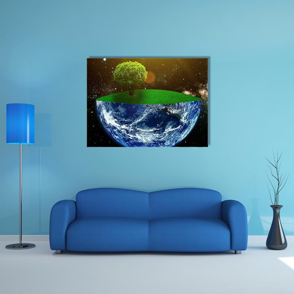 Earth Half-sphere with Tree and Meadow Canvas Wall Art in black, green and blue, single panel hung on a wall