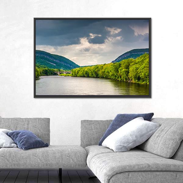 Delaware River with Stone Bridge Canvas Wall Art in gray, green and blue, framed canvas, product view on a white background