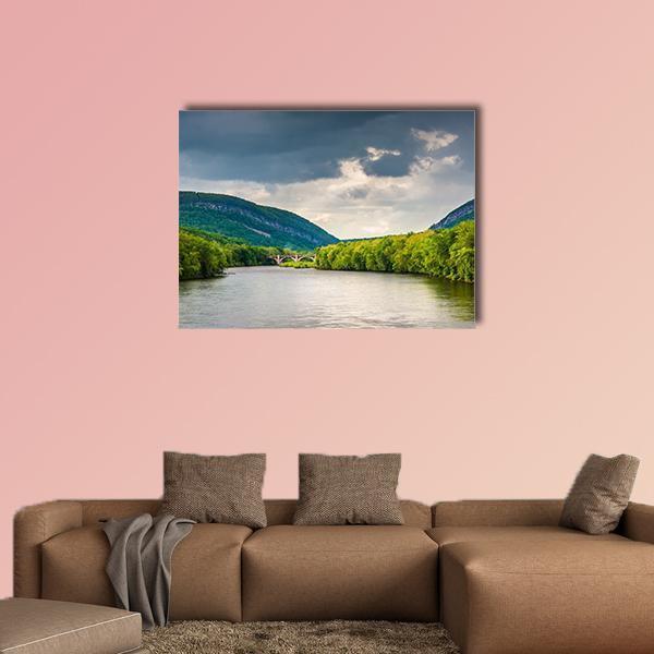 Delaware River with Stone Bridge Canvas Wall Art in gray, green and blue, single panel hung on a wall
