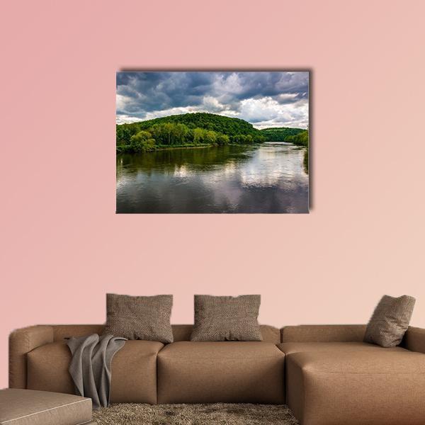 Delaware River Reflection Canvas Wall Art in gray, green and blue, single panel hung on a wall