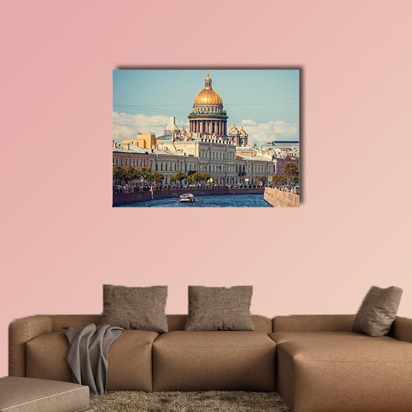St. Isaac's Cathedral, Saint Petersburg Canvas Wall Art in beige, gold and blue, single panel hung on a wall
