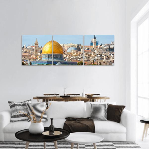 Temple Mount, Jerusalem Panoramic Canvas Wall Art in beige, gold and blue, hung on a wall