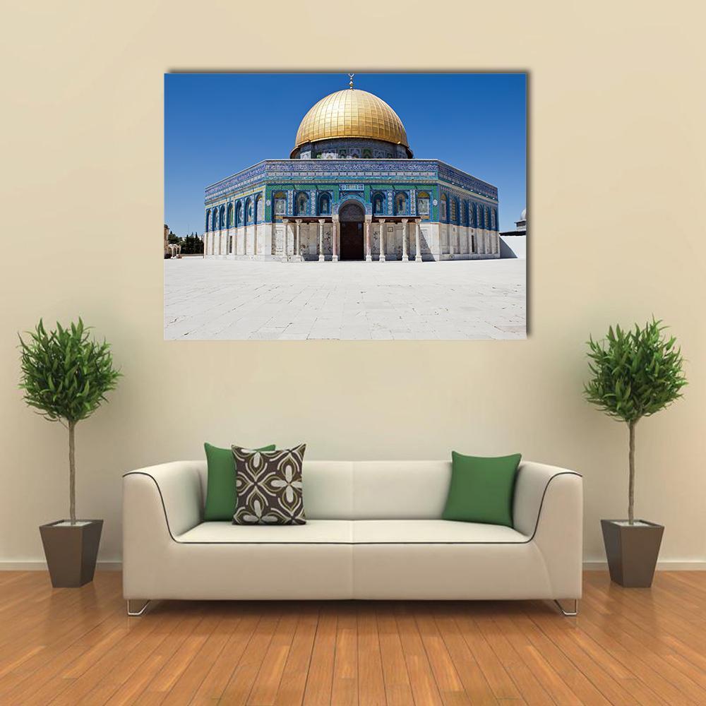 Dome of the Rock Canvas Wall Art in white, gold and blue, single panel hung on a wall