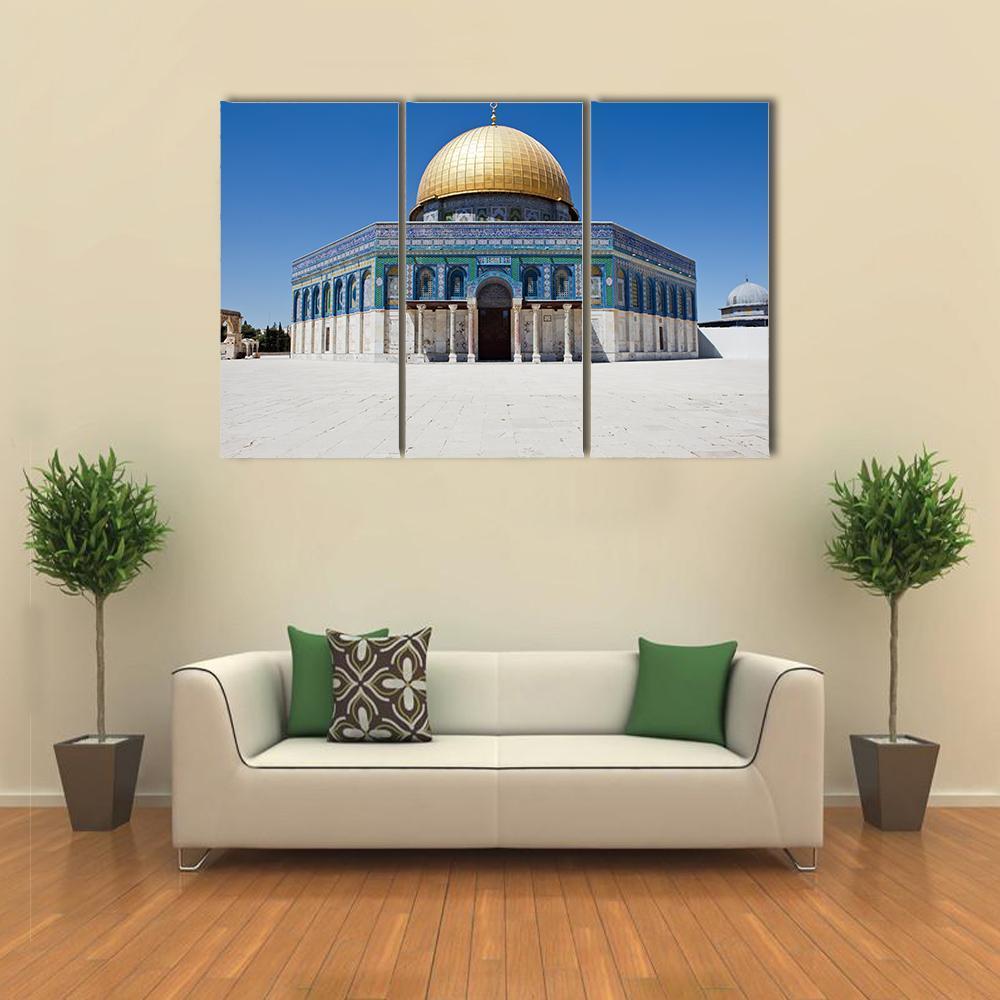 Dome of the Rock Canvas Wall Art in white, gold and blue, 5 panel Pop layout hung on a wall