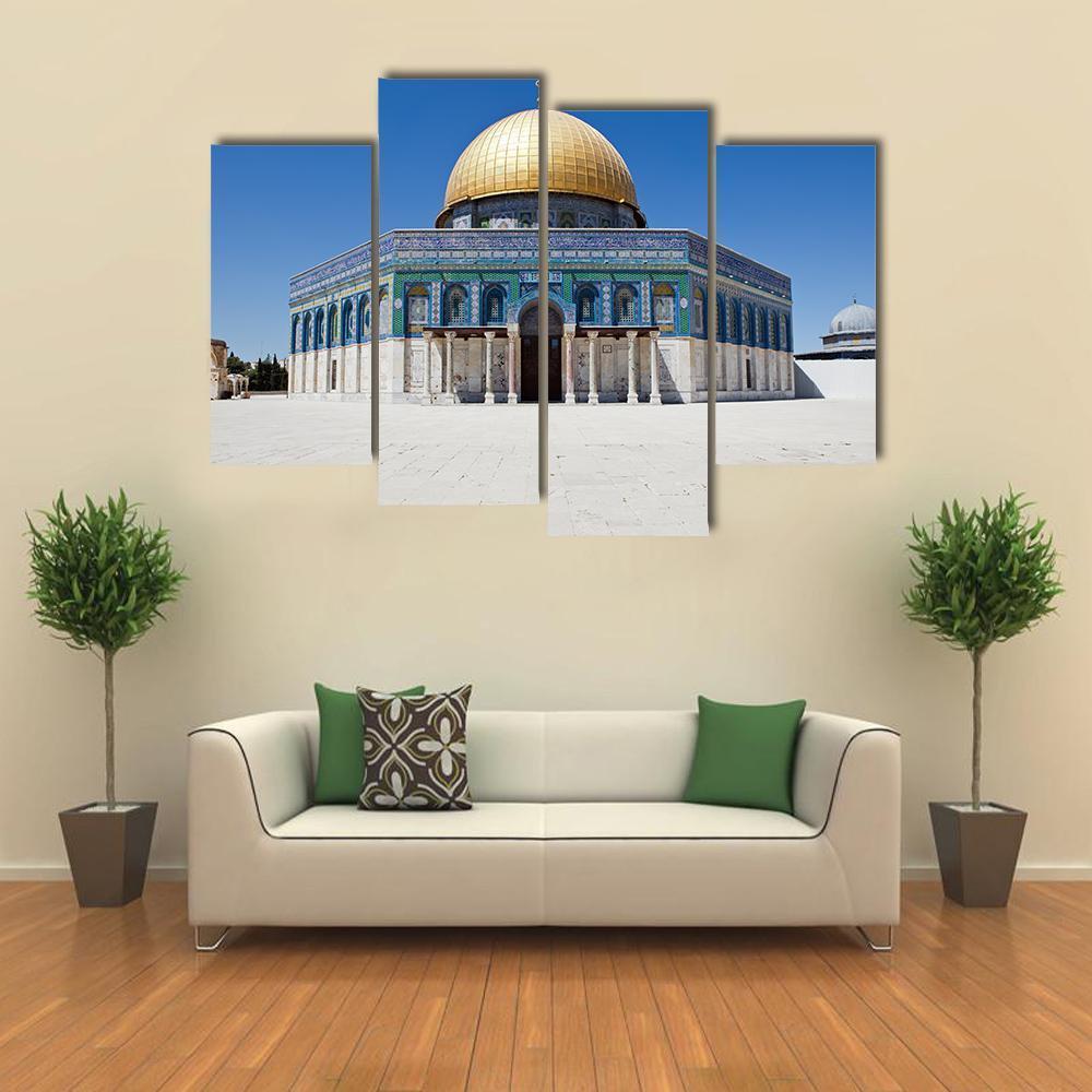 Dome of the Rock Canvas Wall Art in white, gold and blue, 4 panel Pop layout hung on a wall