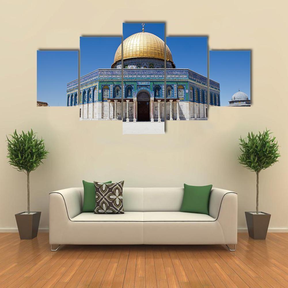 Dome of the Rock Canvas Wall Art in white, gold and blue, 5 panel Pop layout hung on a wall