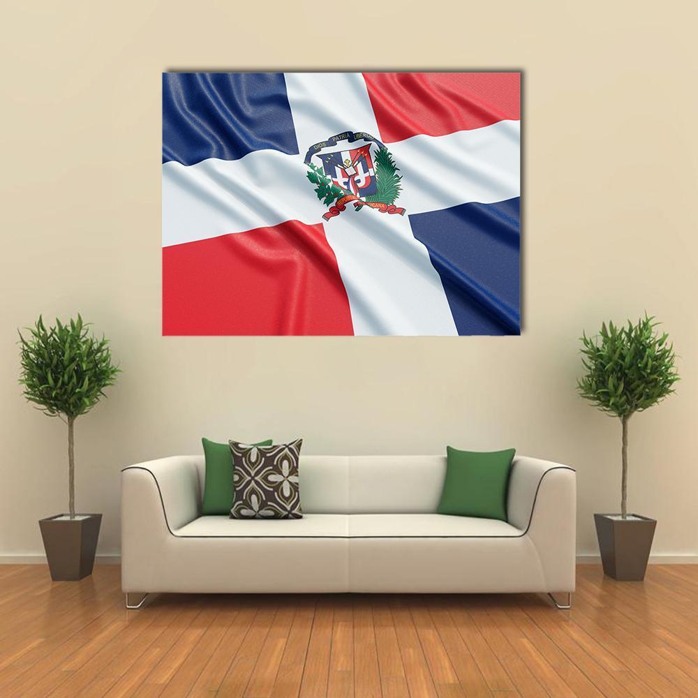 Dominican Republic Flag Canvas Wall Art in white, red and blue, single panel hung on a wall