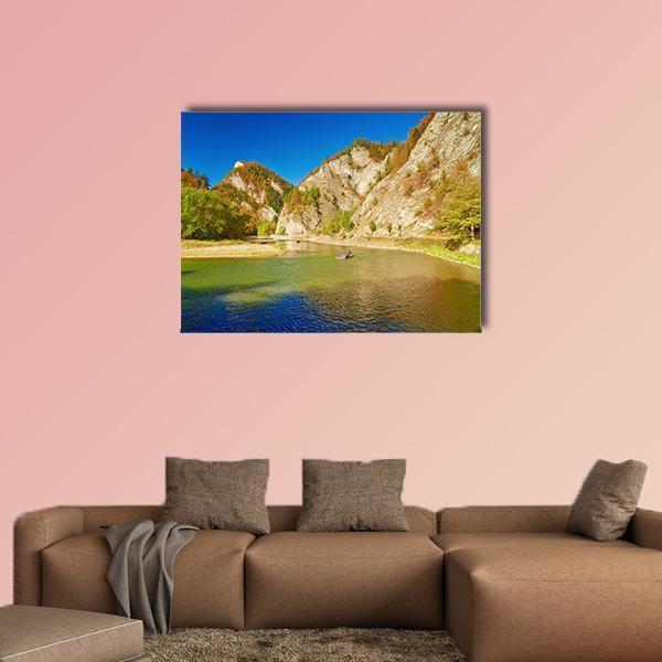 Dunajec River Gorge Canvas Wall Art in brown, green and blue, single panel hung on a wall