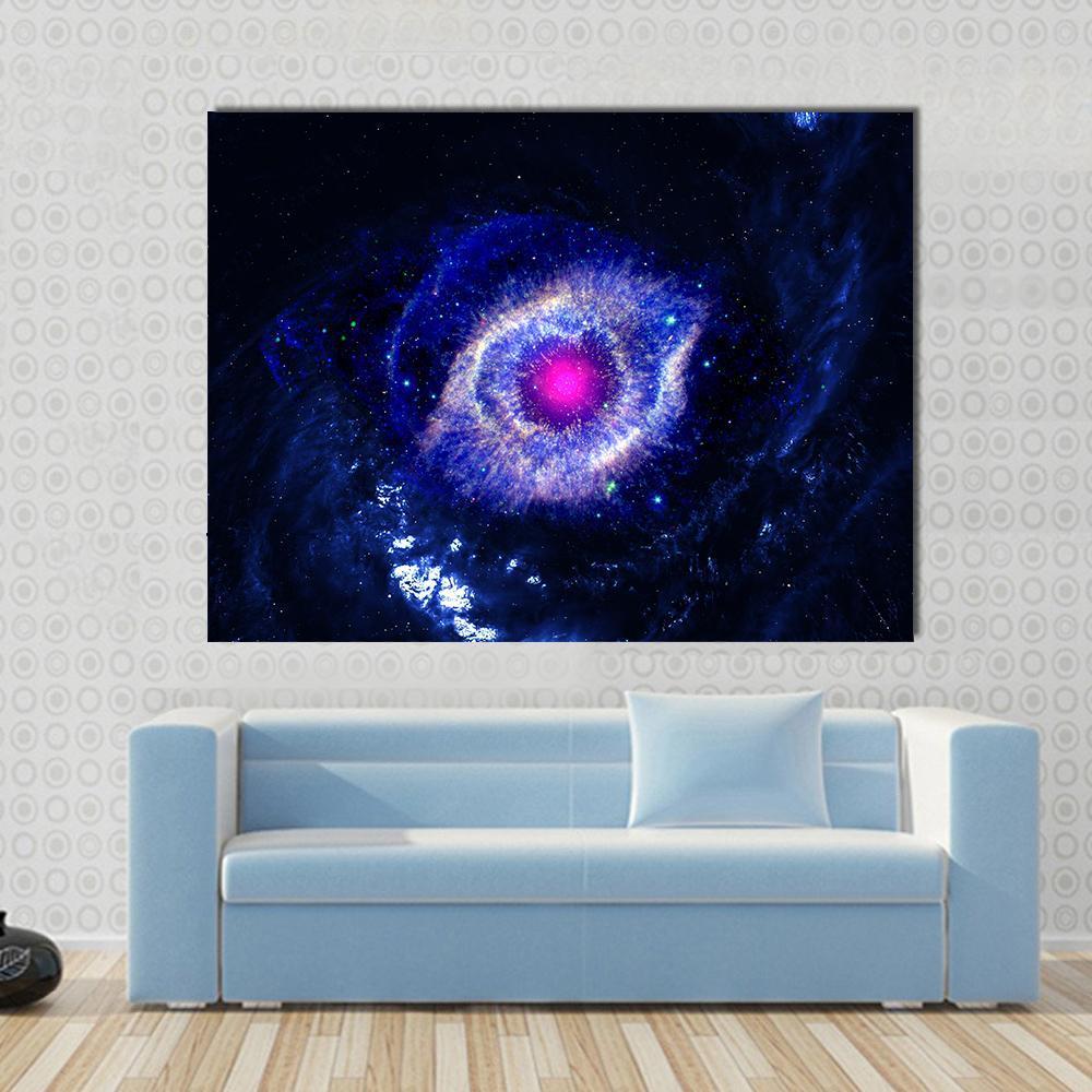The Eye of God Nebula Canvas Wall Art in black, blue and purple, single panel hung on a wall