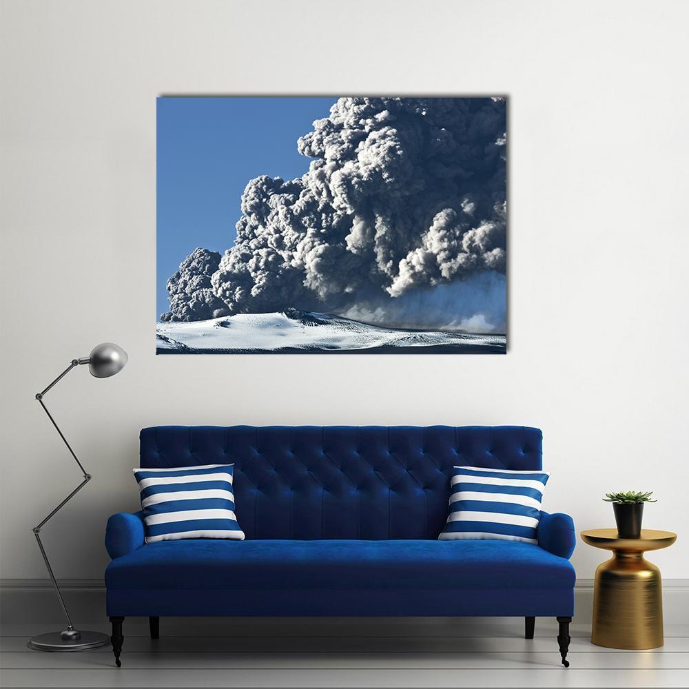 Eyjafjallajokull Volcano Eruption Canvas Wall Art in white, gray and blue, single panel hung on a wall