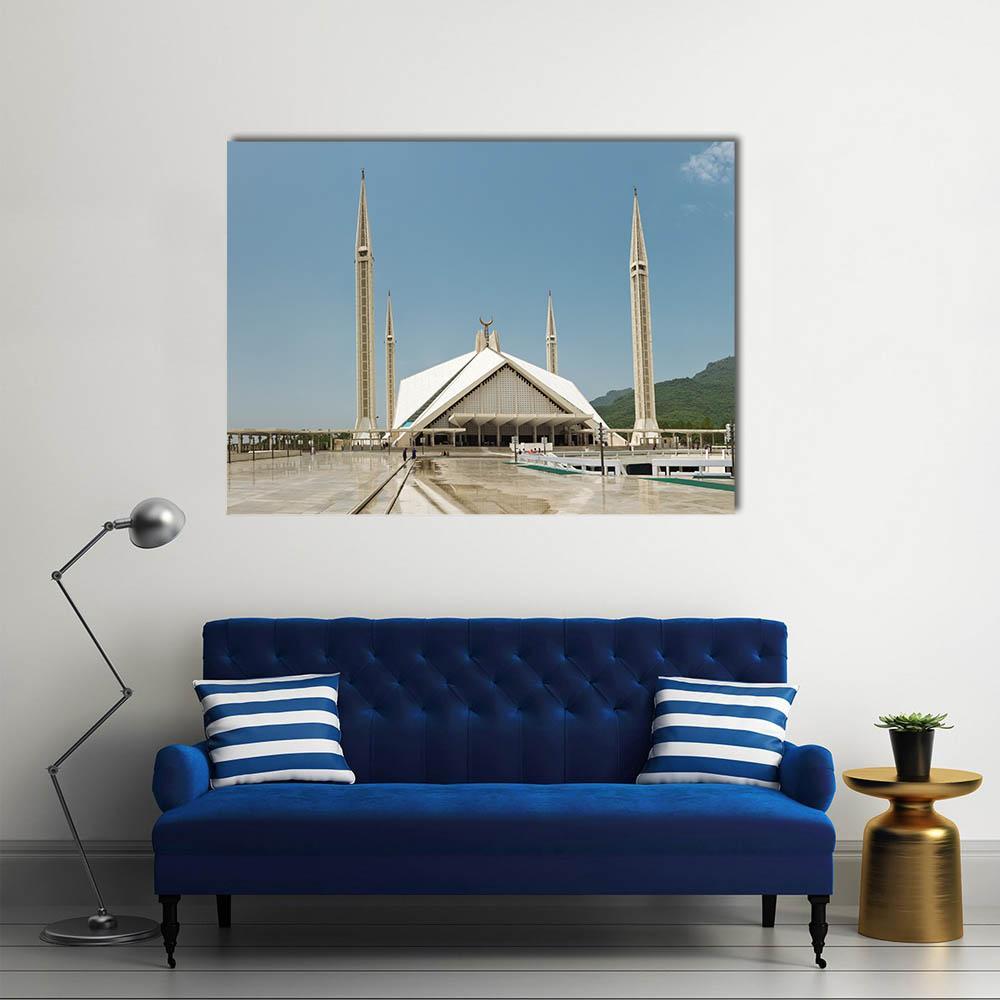 Faisal Mosque in Islamabad Canvas Wall Art in white, beige and blue, single panel hung on a wall