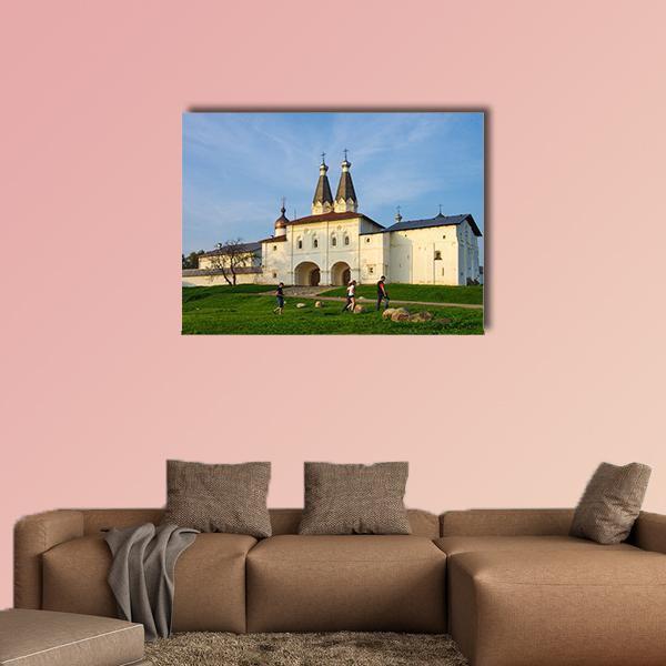 Ferapontov Convent in Summer Canvas Wall Art in white, green and blue, single panel hung on a wall