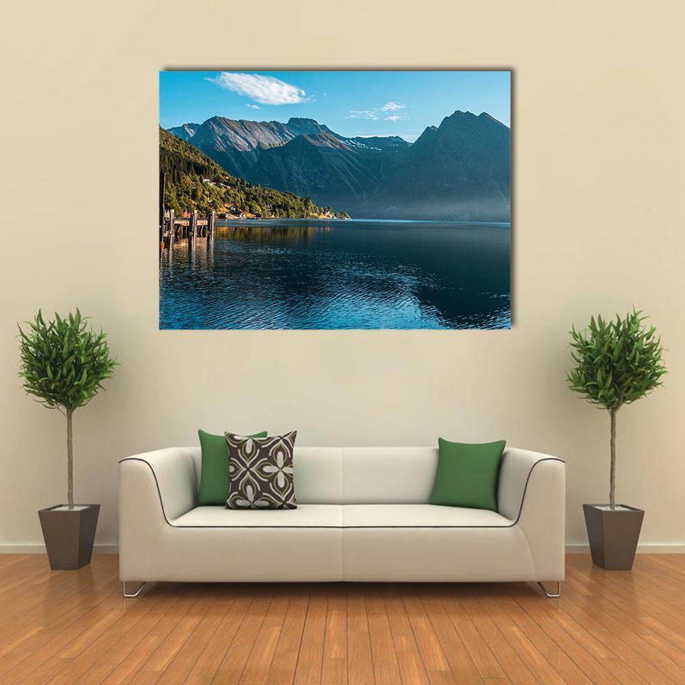 The Fjord With Mountain Canvas Wall Art-1 Piece-Gallery Wrap-48" x 32"-Tiaracle