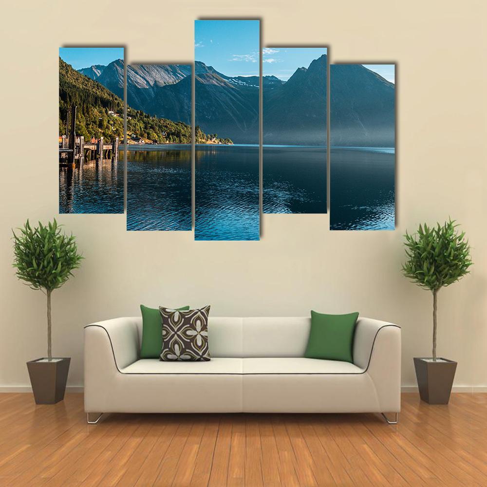 The Fjord With Mountain Canvas Wall Art-5 Pop-Gallery Wrap-47" x 32"-Tiaracle