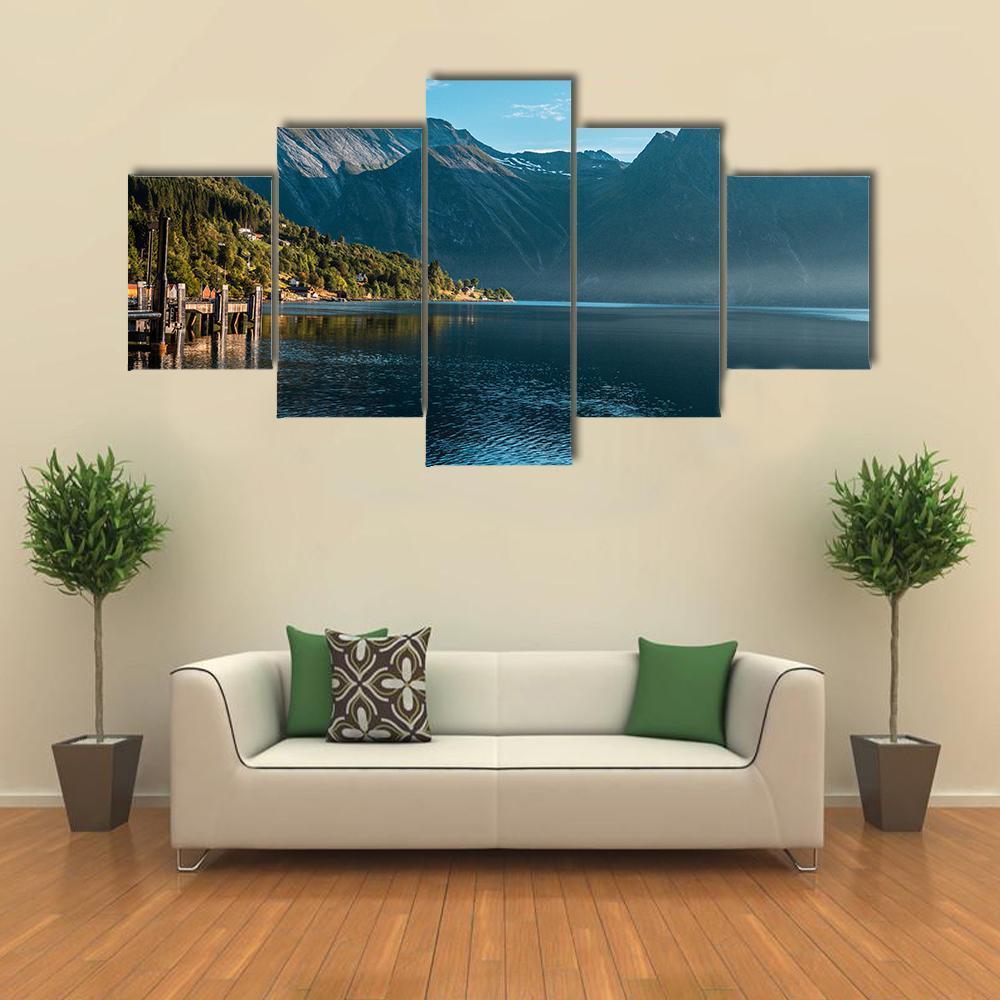 The Fjord With Mountain Canvas Wall Art-5 Star-Gallery Wrap-62" x 32"-Tiaracle