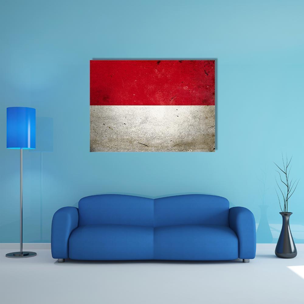 Distressed Indonesia Flag Canvas Wall Art in white and red, single panel hung on a wall