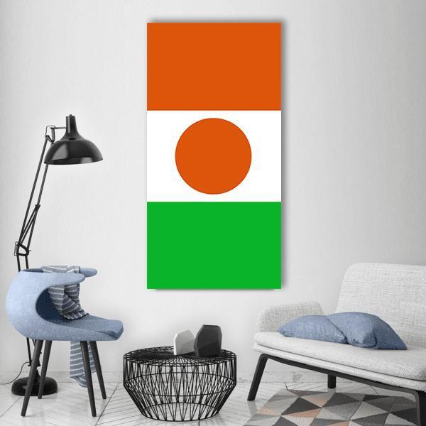 Flag of Niger Vertical Canvas Wall Art in white, orange and green, single vertical panel hung on a wall