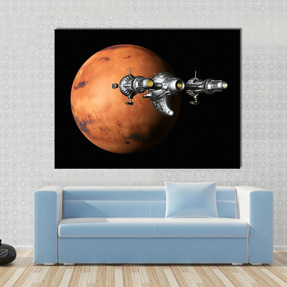 Flight to Mars Canvas Wall Art in black, silver and orange, single panel hung on a wall