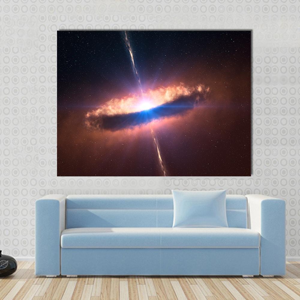 Galaxy System with Bright Blue Core Canvas Wall Art in black, orange and blue, single panel hung on a wall