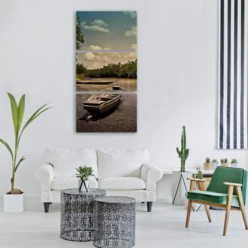 The Gambia River With Boat Vertical Canvas Wall Art-3 Vertical-Gallery Wrap-12" x 25"-Tiaracle